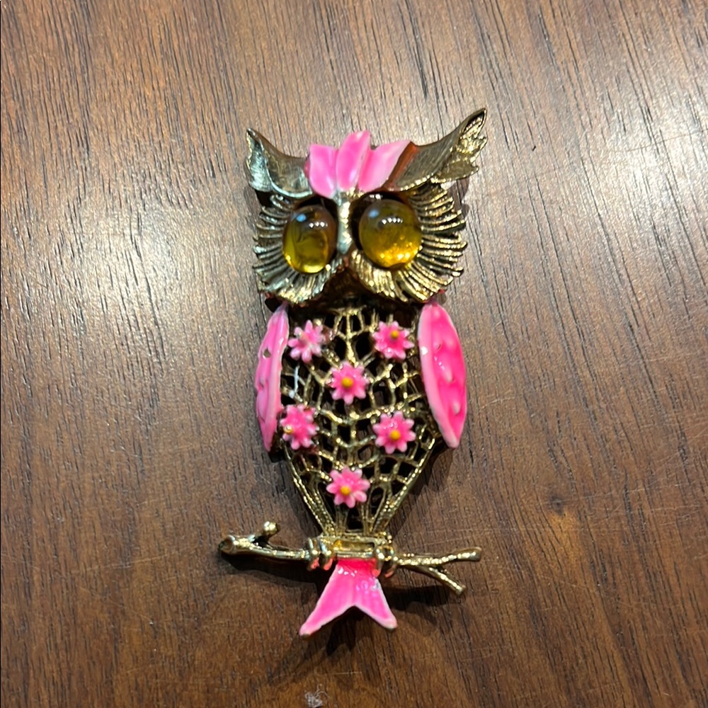 Vintage Owl Brooch with Pink and Gold Accents